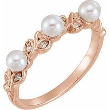 Load image into Gallery viewer, Pearl & .03 CTW Diamond Stackable Leaf Pattern Ring