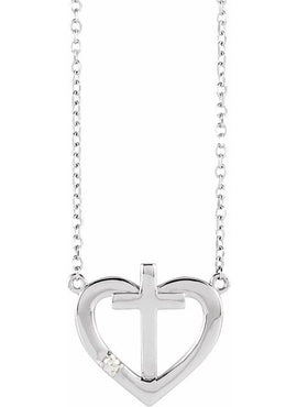 14K White Gold .0025 CT Natural Diamond Heart & Cross Necklace Center