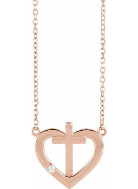 14K White Gold .0025 CT Natural Diamond Heart & Cross Necklace Center