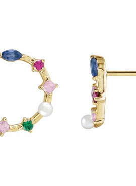 14K Yellow Gold Cultured White Freshwater Pearl & Natural Multi-Gemstone Earrings