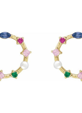 14K Yellow Gold Cultured White Freshwater Pearl & Natural Multi-Gemstone Earrings