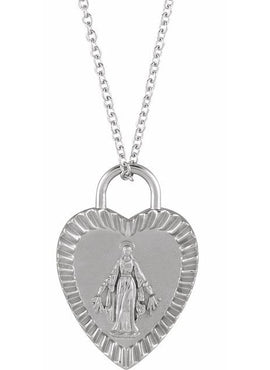 Platinum 20x13.9 mm Miraculous Mary Heart Pendant