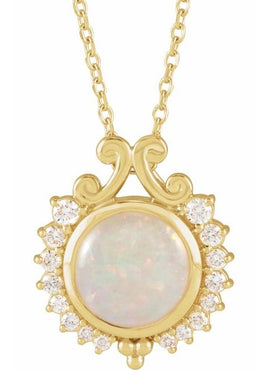 14K White Gold Natural White Opal & 1/6 CTW Natural Diamond Pendant