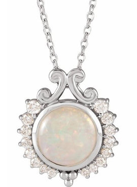 14K White Gold Natural White Opal & 1/6 CTW Natural Diamond Pendant