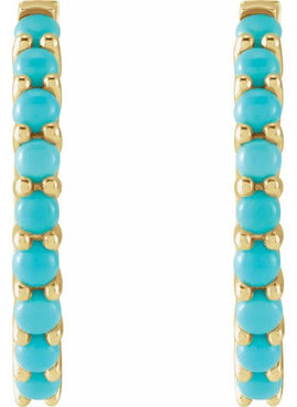 14K White Gold Natural Turquoise Cabochon Hinged 12.2 mm Hoop Earrings