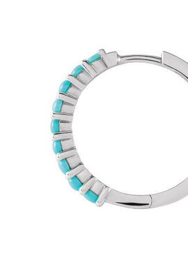14K White Gold Natural Turquoise Cabochon Hinged 12.2 mm Hoop Earrings