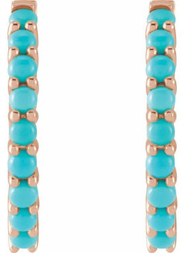 14K White Gold Natural Turquoise Cabochon Hinged 12.2 mm Hoop Earrings
