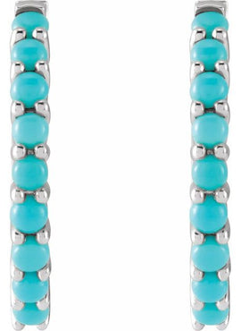 14K White Gold Natural Turquoise Cabochon Hinged 12.2 mm Hoop Earrings