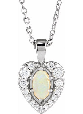 Sterling Silver Natural White Opal & 1/8 CTW Natural Diamond Pendant