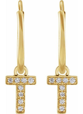 14K Yellow Gold .05 CTW Natural Diamond Single Initial D Hoop Earring