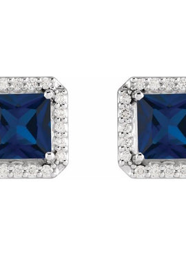 14K Yellow Gold Lab-Grown Blue Sapphire & .08 CTW Natural Diamond Halo-Style Earrings