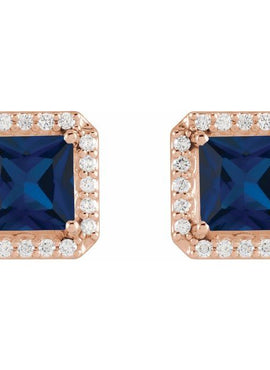 14K Yellow Gold Lab-Grown Blue Sapphire & .08 CTW Natural Diamond Halo-Style Earrings