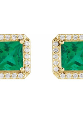 14K Yellow Gold Lab-Grown Blue Sapphire & .08 CTW Natural Diamond Halo-Style Earrings