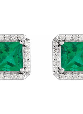 14K Yellow Gold Lab-Grown Blue Sapphire & .08 CTW Natural Diamond Halo-Style Earrings