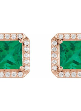 14K Yellow Gold Lab-Grown Blue Sapphire & .08 CTW Natural Diamond Halo-Style Earrings