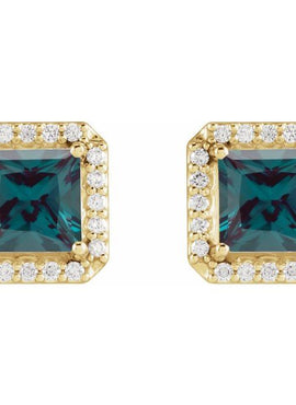 14K Yellow Gold Lab-Grown Blue Sapphire & .08 CTW Natural Diamond Halo-Style Earrings