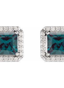 14K Yellow Gold Lab-Grown Blue Sapphire & .08 CTW Natural Diamond Halo-Style Earrings
