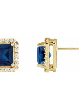 14K Yellow Gold Lab-Grown Blue Sapphire & .08 CTW Natural Diamond Halo-Style Earrings