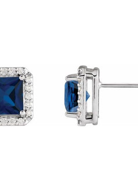 14K Yellow Gold Lab-Grown Blue Sapphire & .08 CTW Natural Diamond Halo-Style Earrings