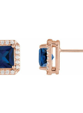 14K Yellow Gold Lab-Grown Blue Sapphire & .08 CTW Natural Diamond Halo-Style Earrings