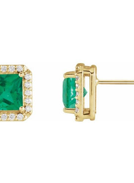 14K Yellow Gold Lab-Grown Blue Sapphire & .08 CTW Natural Diamond Halo-Style Earrings