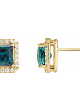 14K Yellow Gold Lab-Grown Blue Sapphire & .08 CTW Natural Diamond Halo-Style Earrings
