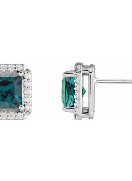 14K Yellow Gold Lab-Grown Blue Sapphire & .08 CTW Natural Diamond Halo-Style Earrings