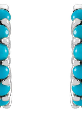 14K White Gold Natural Turquoise Cabochon Hinged 12.2 mm Hoop Earrings