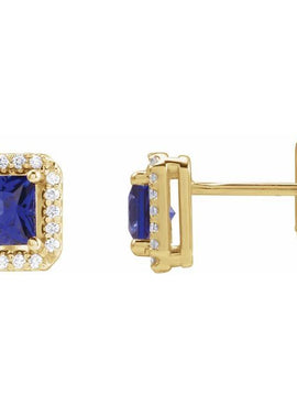14K Yellow Gold Lab-Grown Blue Sapphire & .08 CTW Natural Diamond Halo-Style Earrings