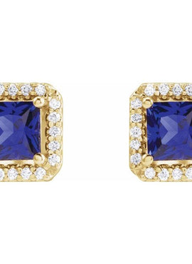 14K Yellow Gold Lab-Grown Blue Sapphire & .08 CTW Natural Diamond Halo-Style Earrings