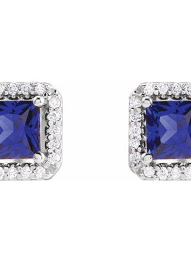 14K Yellow Gold Lab-Grown Blue Sapphire & .08 CTW Natural Diamond Halo-Style Earrings