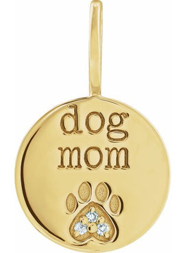 14K Rose Gold .01 CTW Natural Diamond Engraved Dog Mom Paw Print Charm/Pendant
