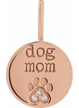 14K Rose Gold .01 CTW Natural Diamond Engraved Dog Mom Paw Print Charm/Pendant