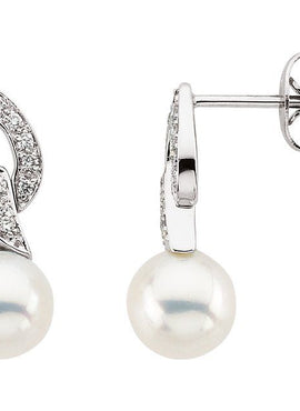 14K White Gold Cultured White Freshwater Pearl & 1/6 CTW Natural Diamond Earrings