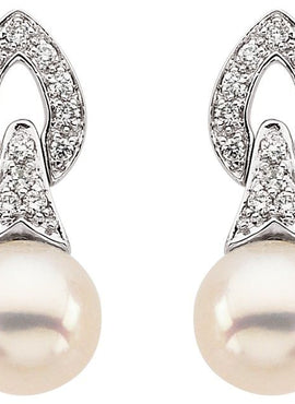 14K White Gold Cultured White Freshwater Pearl & 1/6 CTW Natural Diamond Earrings