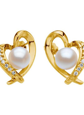 14K Yellow Gold Cultured White Akoya Pearl & 1/6 CTW Natual Diamond Heart Earrings