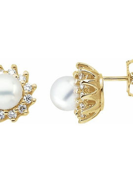 14K Yellow Gold Cultured White Akoya Pearl  & 1/3 CTW Natural Diamond Earrings