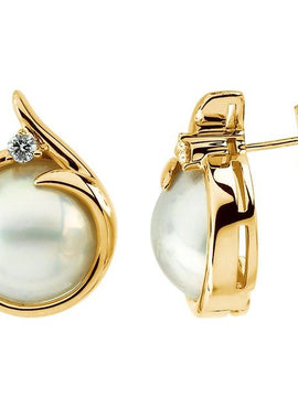 14K Yellow Gold Cultured White Mabé Pearl & 1/8 CTW Natural Diamond Earrings