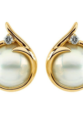 14K Yellow Gold Cultured White Mabé Pearl & 1/8 CTW Natural Diamond Earrings