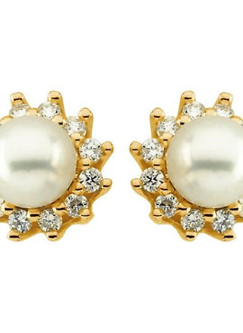 14K Yellow Gold Cultured White Akoya Pearl  & 1/3 CTW Natural Diamond Earrings