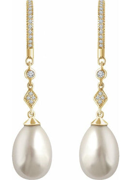 14K White Gold Cultured White Freshwater Pearl & 1/6 CTW Natural Diamond Earrings