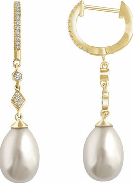 14K White Gold Cultured White Freshwater Pearl & 1/6 CTW Natural Diamond Earrings