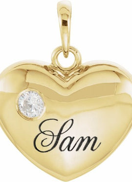 14K Yellow Gold 1/10 CT Natural Diamond Engravable Heart Pendant