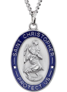 Sterling Silver 26x20 mm Blue Enamel St. Christopher Medal 24