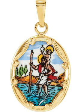 14K Yellow Gold 13x10 mm St. Christopher Hand-Painted Porcelain Medal