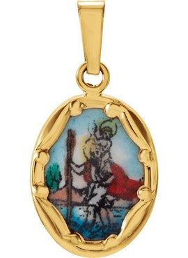 14K Yellow Gold 13x10 mm St. Christopher Hand-Painted Porcelain Medal
