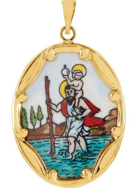 14K Yellow Gold 13x10 mm St. Christopher Hand-Painted Porcelain Medal