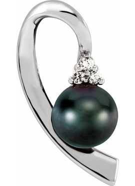 14K White Gold Cultured Black Akoya Pearl & .07 CTW Natural Diamond Pendant