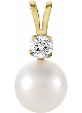 14K Yellow Gold Cultured White Akoya Pearl & .025 CTW Natural Diamond Pendant