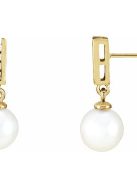 14K Yellow Gold Cultured White Akoya Pearl & 1/10 CTW Natural Diamond Earrings